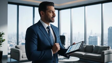 A well-dressed businessman in a suit presents data on a tablet in a modern office setting. - Powered by Adobe