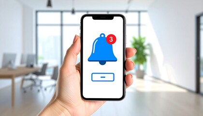 A hand holds a smartphone displaying a notification bell icon with a red numeric counter.