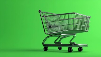 Realistic 3D animated shopping cart rolling smoothly from right to left on a green screen background.