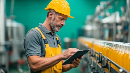 Industrial Engineer Monitoring Beverage Bottling Plant Production Line with a Digital Tablet - Powered by Adobe