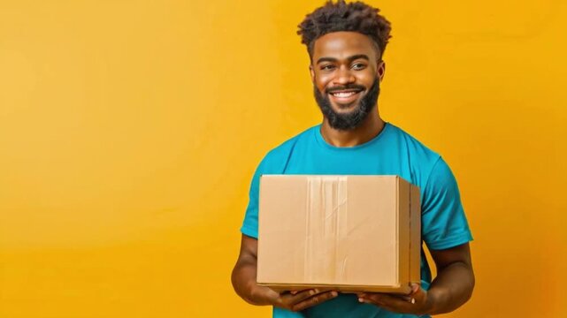 Young African American man with beard holds cardboard box with packaged goods making home delivery..