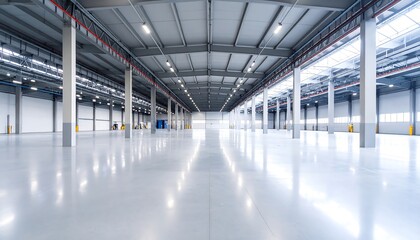 Vast, Empty Industrial Warehouse Interior with Polished Concrete Floor and Rows of Columns.