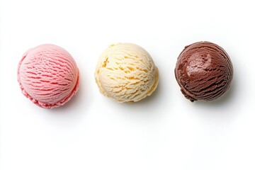 Fototapeta premium Three scoops of ice cream in a row on a white background strawberry vanilla and chocolate flavors visible