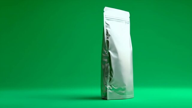 Blank Silver Doypack Packaging Slides Across a Green Background for a Modern Video Transition