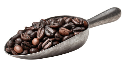 Fototapeta premium Scoop of roasted coffee beans on metallic spoon against white background.