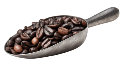 Scoop of roasted coffee beans on metallic spoon against white background.