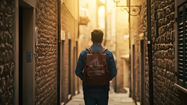 Man with backpack walking down narrow alley with stone walls and bright light at the end of the path