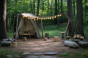 A cozy campsite with a canvas tent and string lights in a peaceful forest clearing with tree stumps