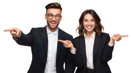 Smiling business team pointing to the side wearing dark suits and white shirts.