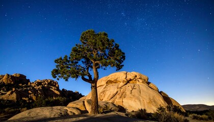 Starry night sky illuminated solitary tree amidst rock formations scenery