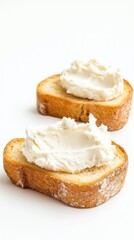 Two slices of toasted baguette bread topped with creamy white cheese spread
