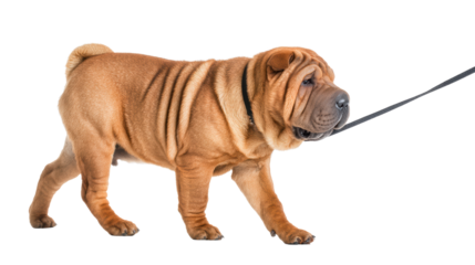 Shar Pei dog walking on a leash, isolated on a white background.