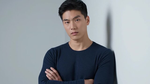 Portrait of a young asian man with crossed arms wearing a navy blue long sleeved shirt against a wall