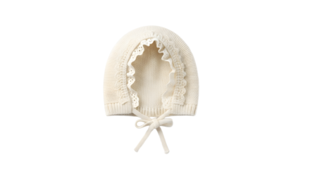 Ivory Knit Baby Bonnet with Lace Trim
