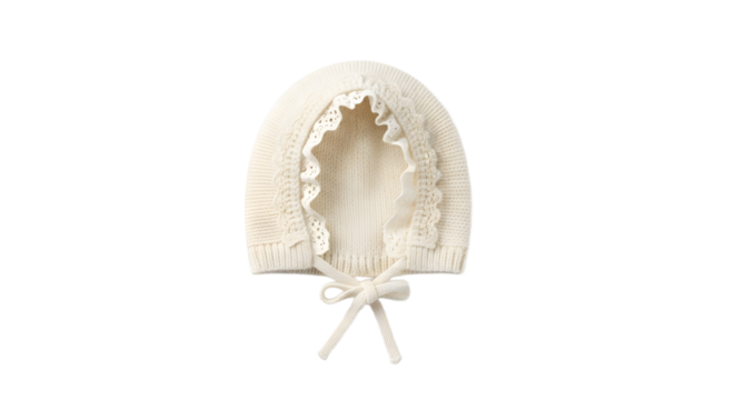 Ivory Knit Baby Bonnet with Lace Trim