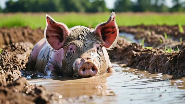 A pig enjoying a refreshing mud bath, the epitome of relaxation on the farm..