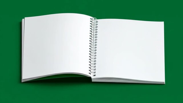 Stop Motion Animation of a Blank White Spiral Notebook with Pages Flipping on a Green Table