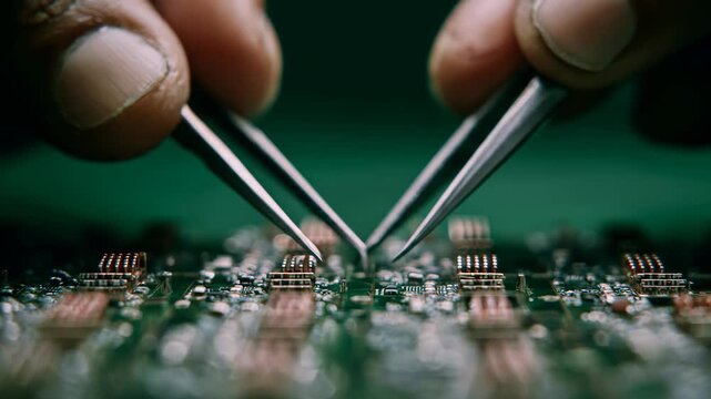 Extreme Macro View of Technician's Hands Using Tweezers for Precision Work on an Electronic Circuit Board.