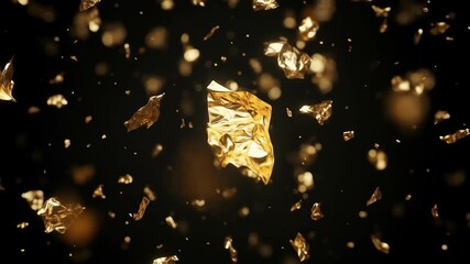 Close-up shot of golden flakes floating against a dark background, creating a dynamic visual. - Powered by Adobe