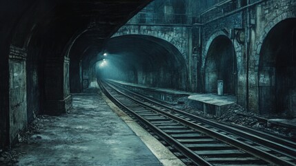 Isolated Subway Platform with Faint Overhead Light