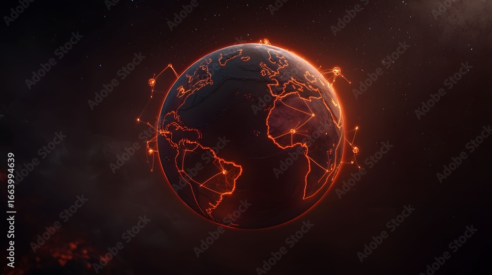 Poster the image presents a dark, stylized globe with glowing red outlines of continents and connecting lin
