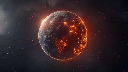 Obraz premium A stylized Earth with glowing cities connected by lines illuminates the darkness, surrounded by particles that suggest a network reaching far beyond the planet.