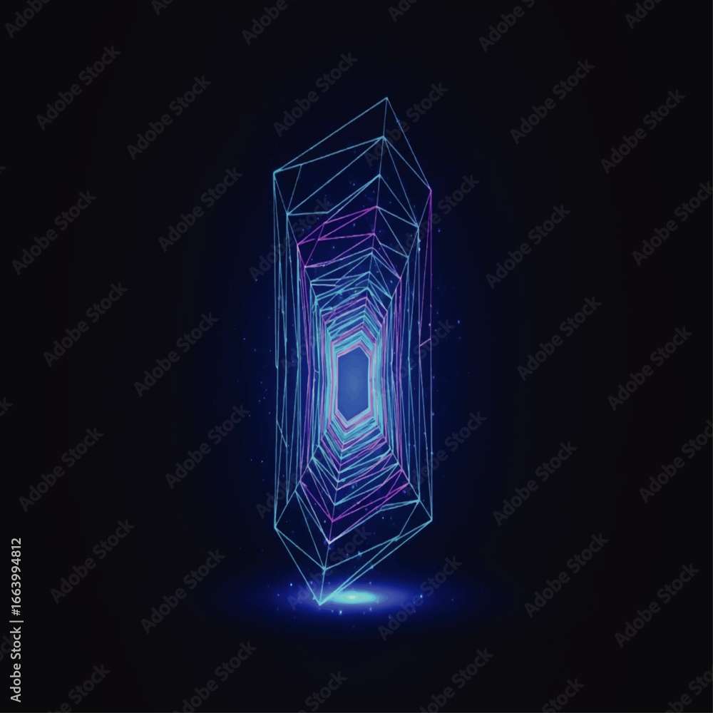 Poster abstract glowing geometric tunnel structure with blue and purple lines on a dark background, creatin