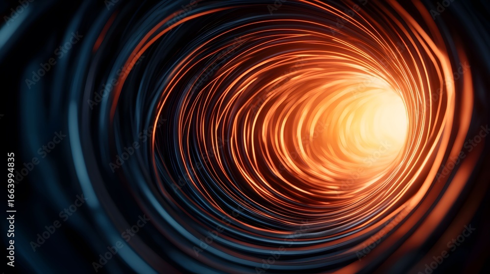 Poster the image showcases an abstract digital rendering of a tunnel or vortex with vibrant orange and blue
