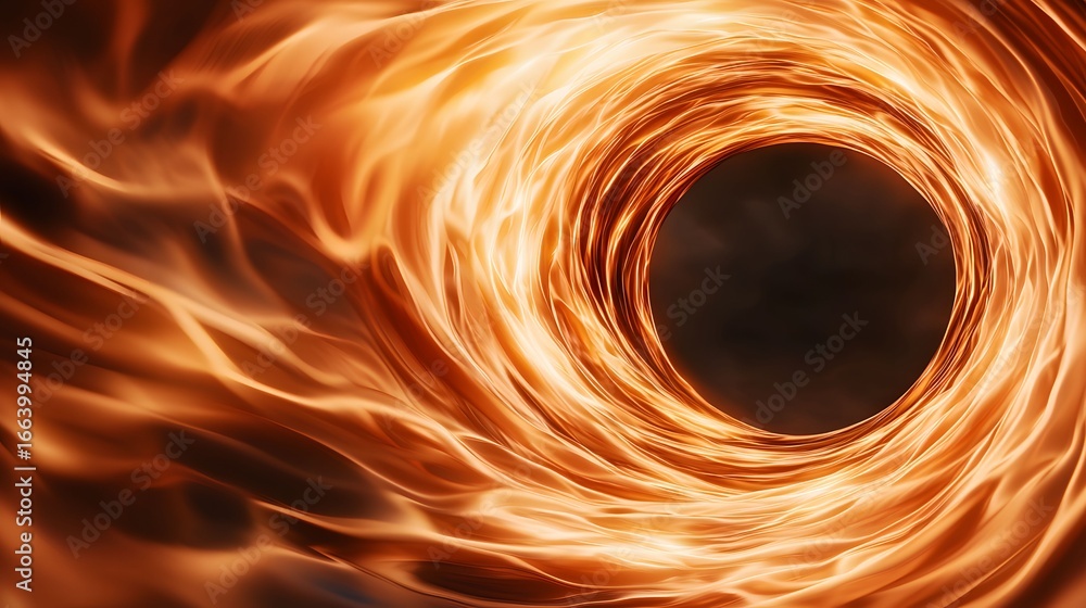 Poster the image showcases an abstract rendering of a black hole surrounded by swirling waves of fiery oran