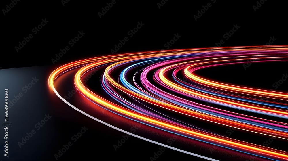 Poster the image showcases multiple streaks of light in various colors, ranging from orange and red to pink