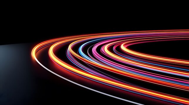 The image showcases multiple streaks of light in various colors, ranging from orange and red to pink and blue, curving across a dark, almost black background, creating a vibrant and dynamic effect.