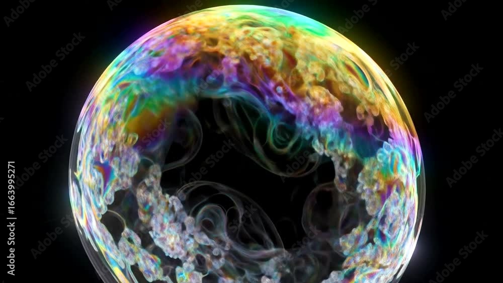 Poster a detailed close-up view of a colorful, iridescent soap bubble, showcasing intricate patterns and re