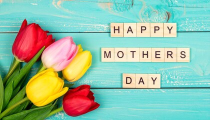 Happy Mother's Day Colorful Tulips and Wooden Block Message