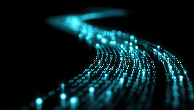 Abstract digital stream of binary code.  A swirling, light-blue stream of glowing binary digits against a black background