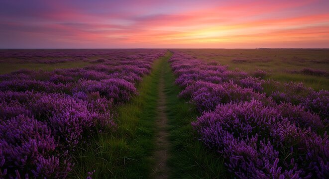 A narrow footpath winds through a vast field of blooming purple heather under a spectacular sunset sky