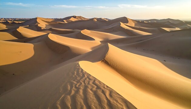 Aerial View of Barchan Dunes with Diagonal Ridges and Long Gold Shadows Under Sunlight in Desert Landscape