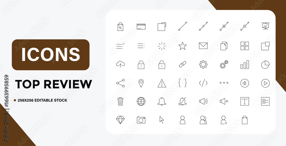 Poster collection of minimalist line icons for web and app design purposes
