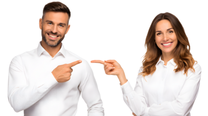 Smiling man and woman in white shirts pointing fingers towards each other.