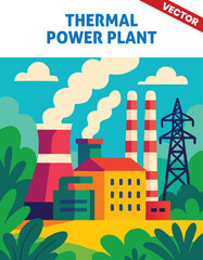 Fototapeta premium Thermal Power Station vector illustration with Emissions from Cooling Towers and Power Generation in an Industrial Environment