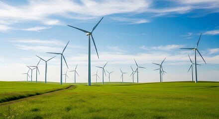 Wind turbines generating clean energy in a vast green field under a blue sky with white clouds