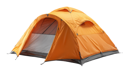Vibrant orange camping tent, perfect for outdoor adventures and travel, isolated on white background.