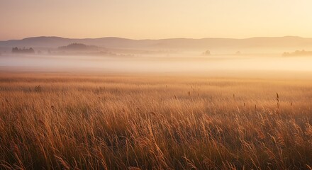Obraz premium Golden sunrise over a misty field, bathed in warm, soft light creating a serene and tranquil atmosphere