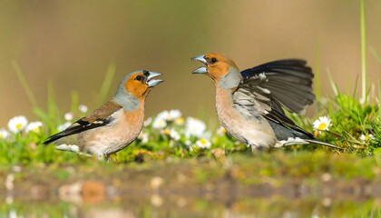 Two brambling birds in a natural setting, displaying vibrant colors and interacting in a dynamic posture.