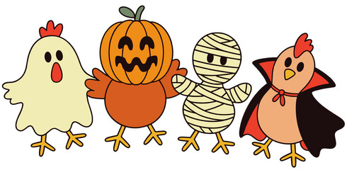 Fototapeta premium Halloween Chicken Ghost Pumpkin Mummy Vampire Chick Or Treat Spooky Fall Season