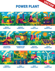 Obraz premium Types of power plants Colorful vector illustration showcasing various power plants, including biogas, biomass, coal, and diesel energy plants surrounded by lush green landscapes