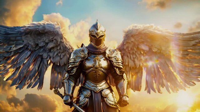 Archangel Michael with wings in knight armor with sword rises in sky standing at protection of.