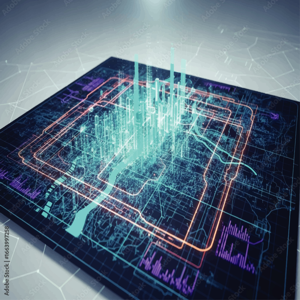 Poster close-up view of a futuristic computer chip with intricate circuit designs and glowing elements.