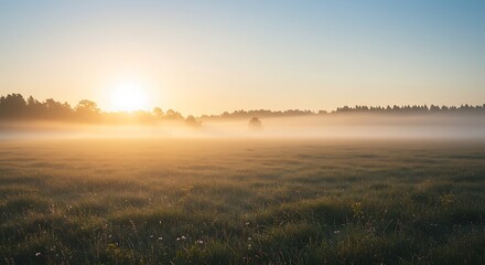 Fototapeta premium Golden rays of dawn pierce through a serene morning mist, illuminating a tranquil field with a soft, ethereal glow, creating a peaceful natural landscape scene