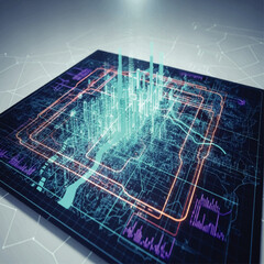 Close-up view of a futuristic computer chip with intricate circuit designs and glowing elements.
