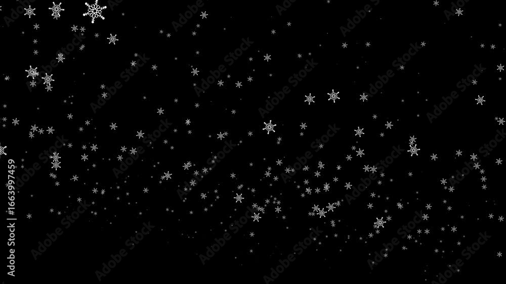 Poster beautiful loop falling moving white snowflakes particles animaiton on black abstract background.